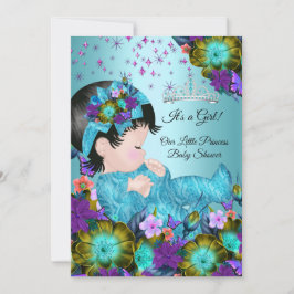Invitación Chica Baby Shower Verde azulado Blue Purple Floral
