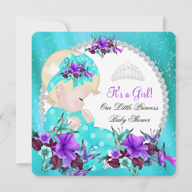 Invitación Chica Baby Shower Verde azulado Blue Purple Floral (Anverso)