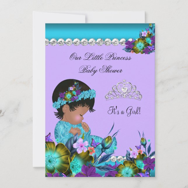 Invitación Chica Baby Shower Verde azulado Blue Purple zz2 (Anverso)