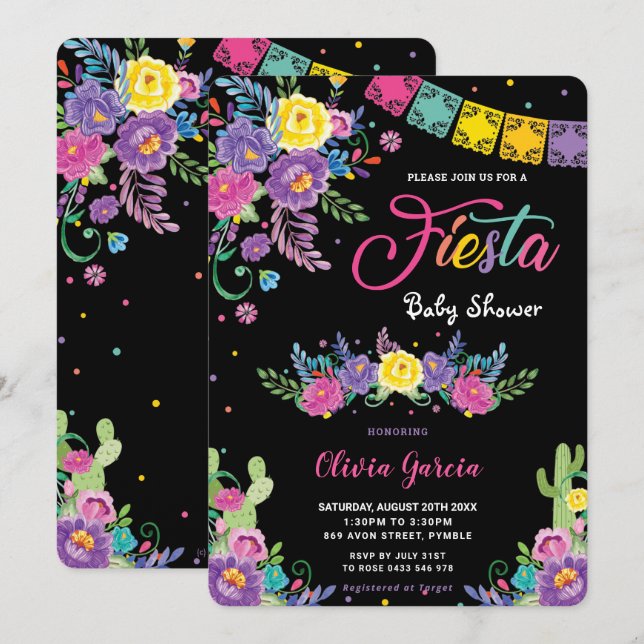 Invitación Chica Baby Shower Vibrante Mexicana Floral Fiesta  (Anverso / Reverso)