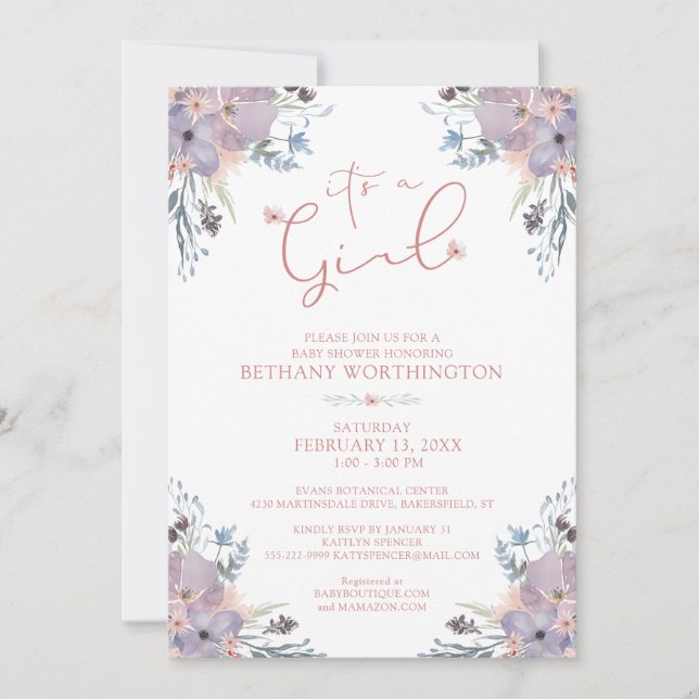 Invitación Chica Baby Shower Watercolor Wildflowers (Anverso)