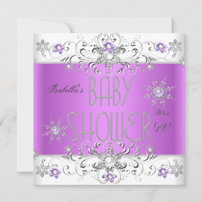 Invitación Chica Baby Shower Winter Wonderland Purple White (Anverso)