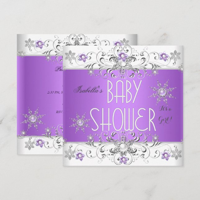 Invitación Chica Baby Shower Winter Wonderland Purple White 3 (Anverso / Reverso)