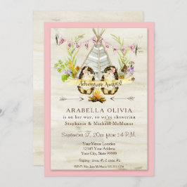 Invitación Chica Baby Shower Woodland Forest Teepee Hedgehogs