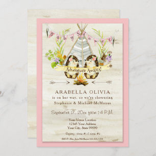 Invitación Chica Baby Shower Woodland Forest Teepee Hedgehogs