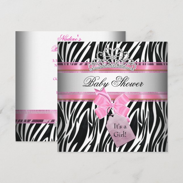 Invitación Chica Baby Shower Zebra Rosa Princesa Negro (Anverso / Reverso)