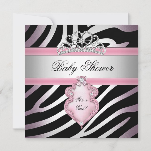 Invitación Chica Baby Shower Zebra Rosa Princesa Negro (Anverso)