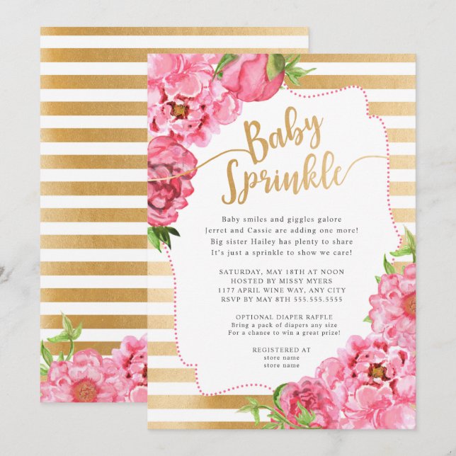 Invitación Chica Baby Sprinkle | peonatos de oro rosa (Anverso / Reverso)