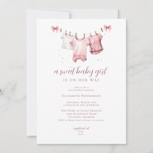 Invitación Chica BabyClothes Clothesline Baby Shower (Anverso)