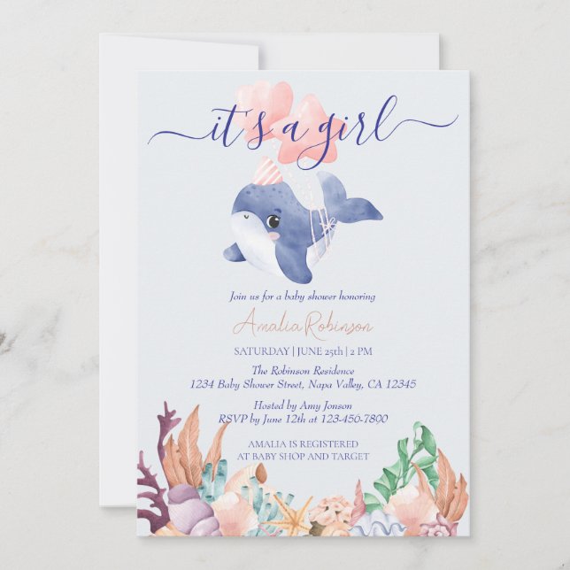 Invitación Chica bajo el mar de ballena acuática Baby Shower (Anverso)