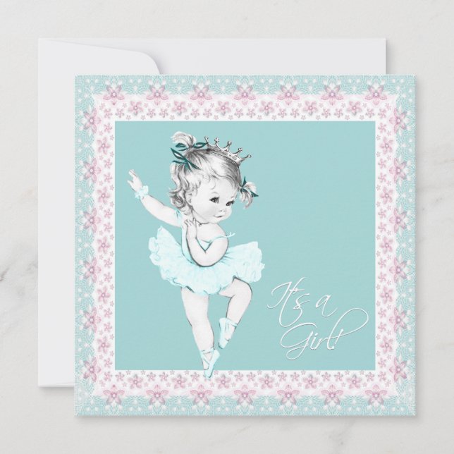Invitación Chica Ballerina Rosa verde azulada Baby Shower (Anverso)