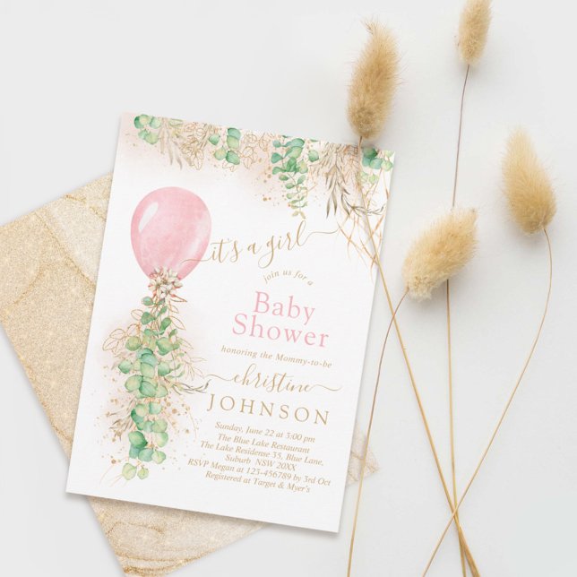 Invitación Chica Balón Eucalyptus Purpurina de oro Baby Showe (Subido por el creador)