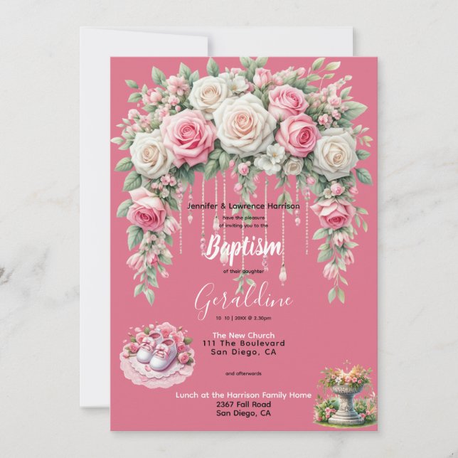 Invitación Chica Baptismo Floral Rosa (Anverso)