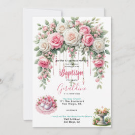 Invitación Chica Baptismo Floral Rosa