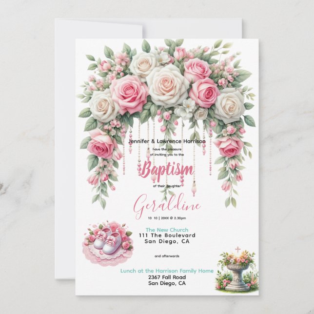 Invitación Chica Baptismo Floral Rosa (Anverso)