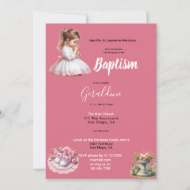Invitación Chica Baptismo Rosa Personalizado