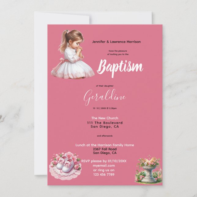 Invitación Chica Baptismo Rosa Personalizado (Anverso)