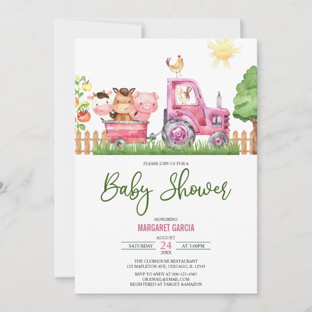 Invitación Chica Barnyard Pink Farm Animals Baby Shower (Anverso)