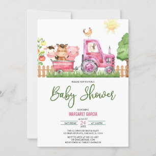 Invitación Chica Barnyard Pink Farm Animals Baby Shower