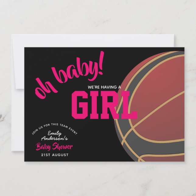 Invitación CHICA Baseketball Baby Shower Pink Black Invita (Anverso)