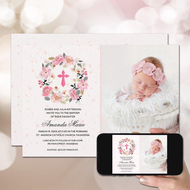 Invitación Chica Bautismo Acuarela Floral Rosa (Subido por el creador)