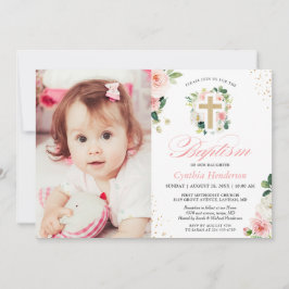 Invitación Chica Bautismo Christening Foto Rubor Floral Rosa