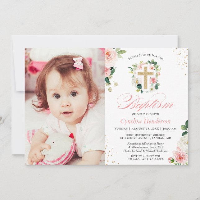 Invitación Chica Bautismo Christening Foto Rubor Floral Rosa (Anverso)