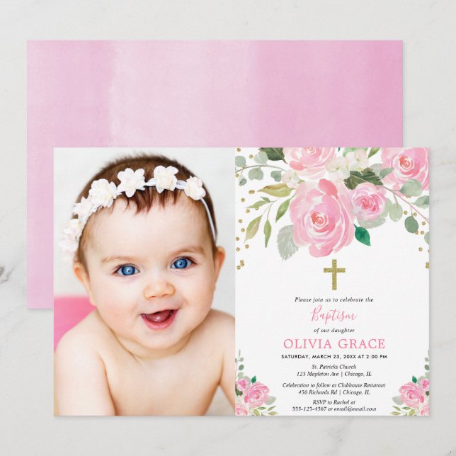 Invitación Chica bautismo floral foto rosa rubor (Anverso / Reverso)