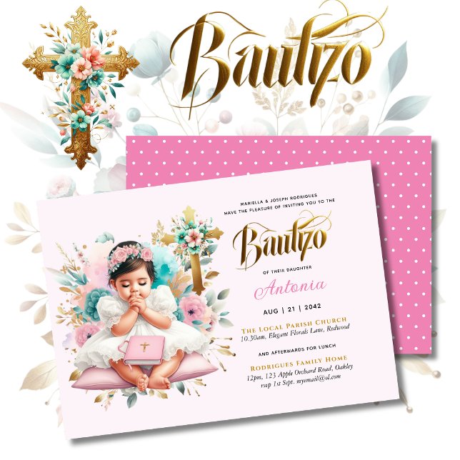 Invitación Chica BAUTIZO Cruz Floral Oro Rosa (Subido por el creador)
