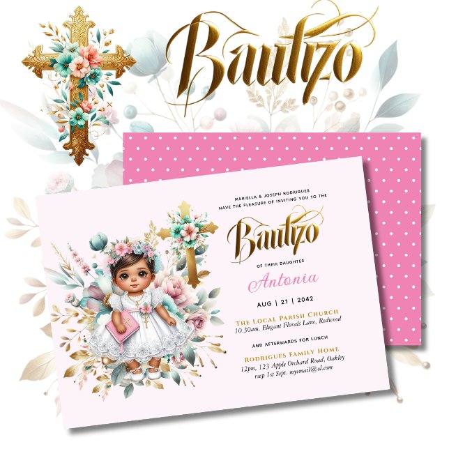 Invitación Chica BAUTIZO Cruz Floral Oro Rosa (Subido por el creador)