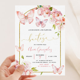 Invitación Chica Bautizo de mariposa floral de Peonia Rosa Es