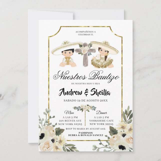 Invitación Chica Bautizo, niño gemelo floral dorado y blanco (Anverso)