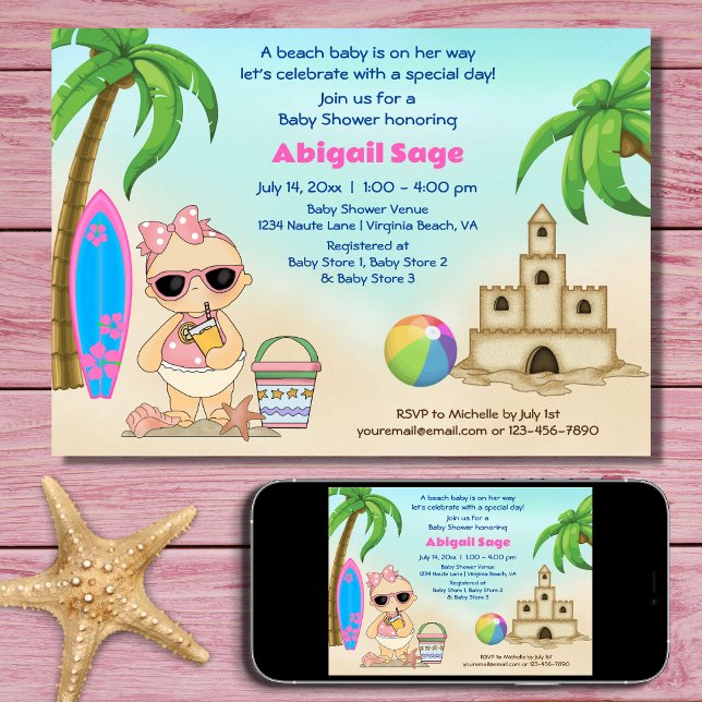 Invitación Chica Beach Baby Sandcastle, Surfboard Baby Shower (Printed and Digital - Girl Beach Baby Sandcastle, Surfboard Baby Shower Invitation)
