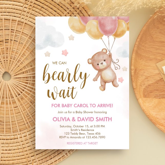 Invitación Chica Bear Bearly Wait Baby Shower (We Can Bearly Wait Bear Balloons Baby Shower Invitation)