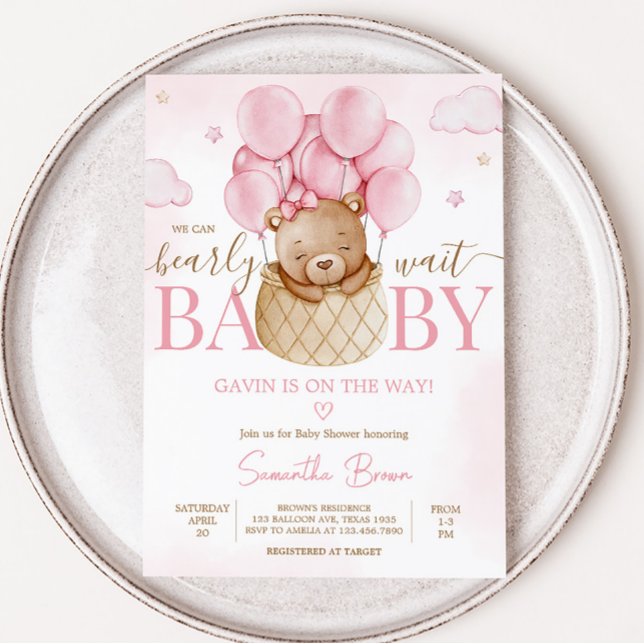 Invitación Chica Bear Hot Air Balloon Baby Shower (Pink Boho Baby Bear Baby Shower Invitation)