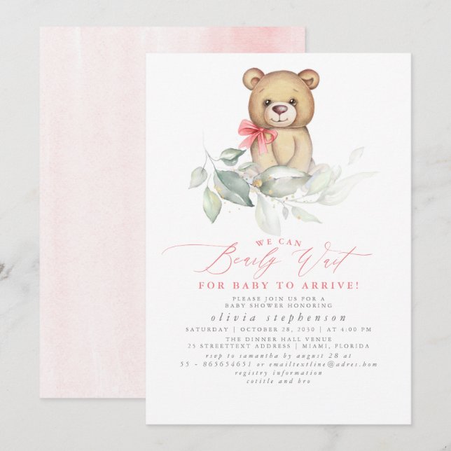 Invitación Chica Bear Watercolor Greenery Baby Shower (Anverso / Reverso)