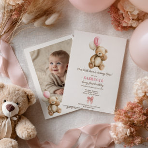 Invitación Chica Beary 1er cumpleaños Teddy Bear Foto Globos