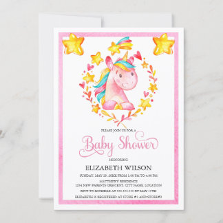 Invitación Chica Bebé Acuarela Unicornio Baby Shower