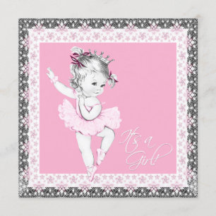 Invitación Chica Bebé Bailarina de Rosa y Gris Ducha