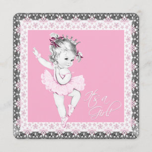 Invitación Chica Bebé Bailarina de Rosa y Gris Ducha