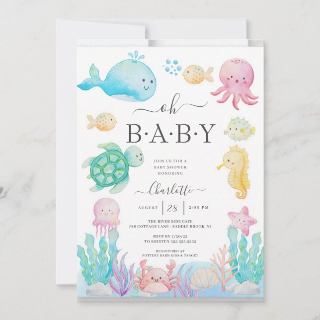 Invitación Chica Bebé Bajo el Mar Ducha Rosa (Anverso)