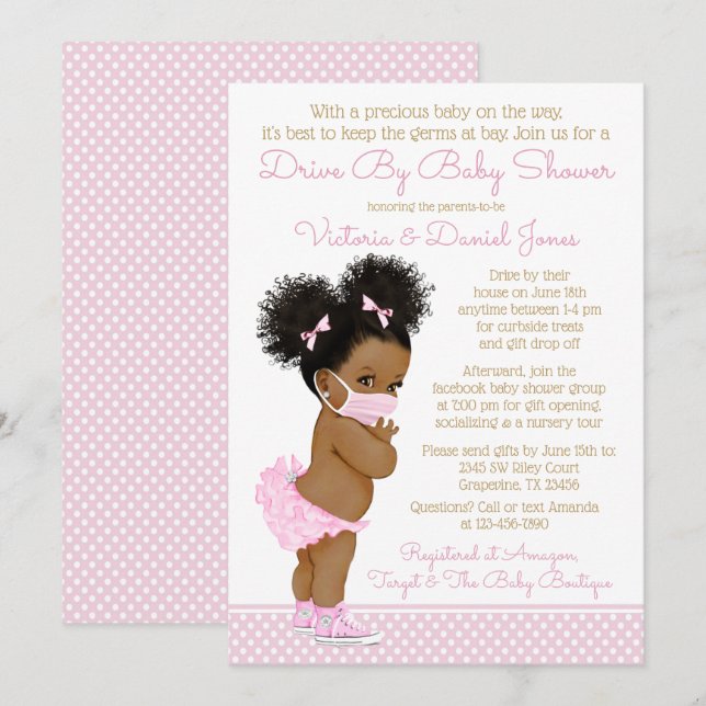 Invitación Chica Bebé Con Cabello Afro Y Máscara En Ducha De  (Anverso / Reverso)