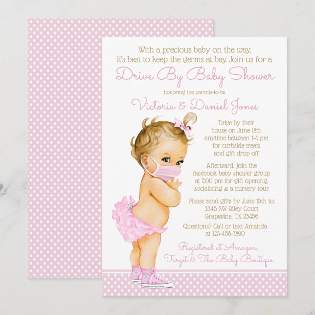 Invitación Chica Bebé Con Máscara En Ducha De Bebé (Anverso / Reverso)