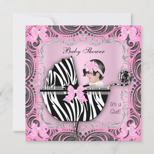 Invitación Chica Bebé Cumple Dulce Tiburón Rosa Gris Cebrado (Anverso)