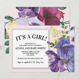 Invitación Chica Bebé Cumpleaños Floral Rosa Amarillo Púrpura