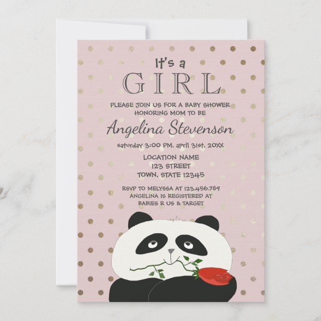 Invitación Chica Bebé Cumpleaños Lindo Panda Rosa (Anverso)