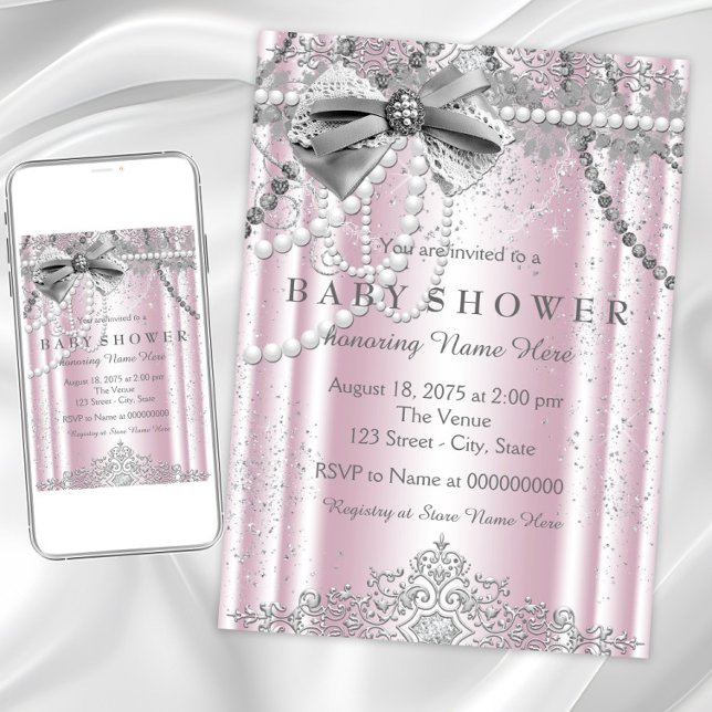 Invitación Chica Bebé Cumpleaños Rosa y Gris Perla (Elegant pink silver baby shower invitation. Instant download and printed invitations available.)