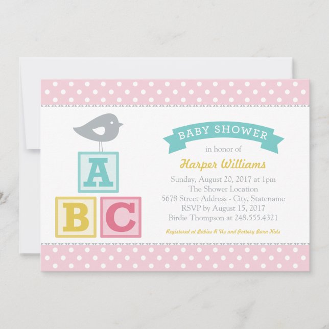 Invitación Chica Bebé Cumplecumpleaños Bloques ABC Rosa Pájar (Anverso)
