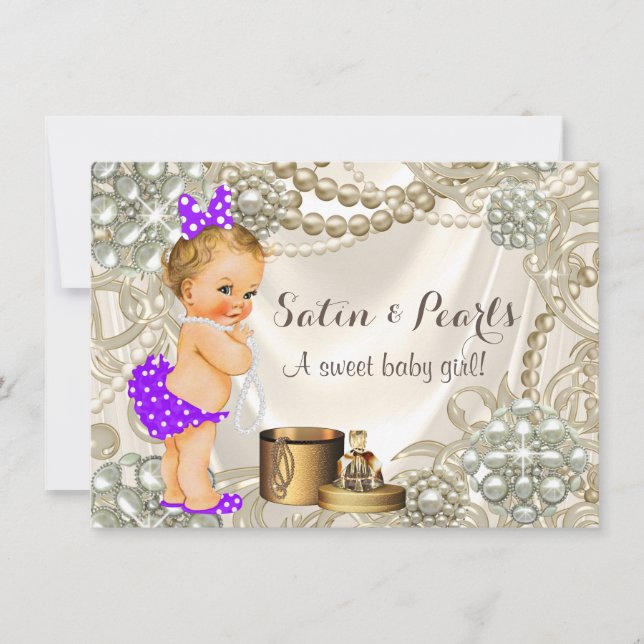 Invitación Chica Bebé de Seda Púrpura Perla Duche (Anverso)