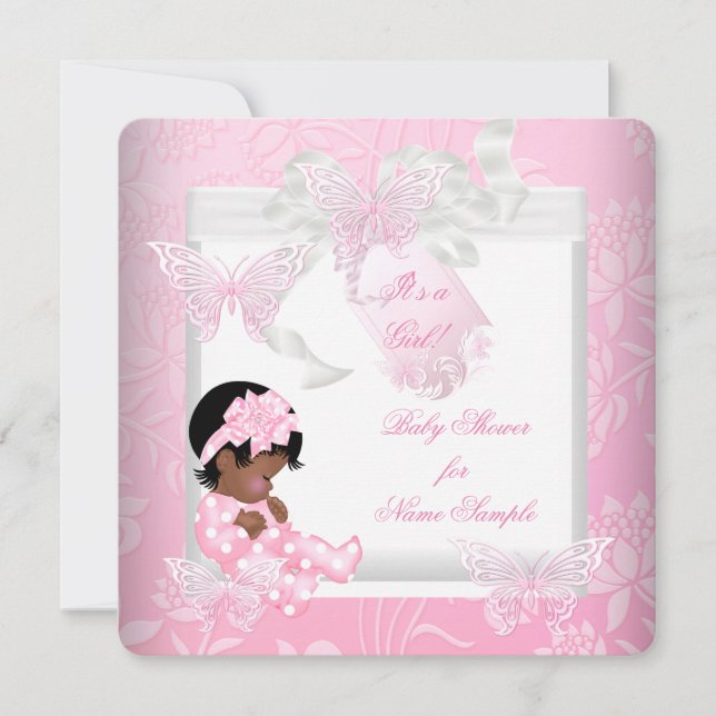 Invitación Chica Bebé Ducha Bonita Mariposa Rosa AA (Anverso)